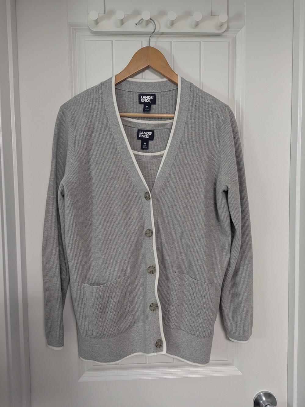 Cotton Grey V-Neck Cardigan Sweater Set With Tank Size M